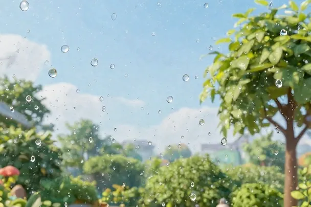 Gotas de lluvia recorren una ventana frente a un jardín luminoso