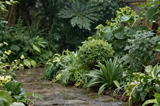 Lluvia suave cae sobre un jardín tranquilo