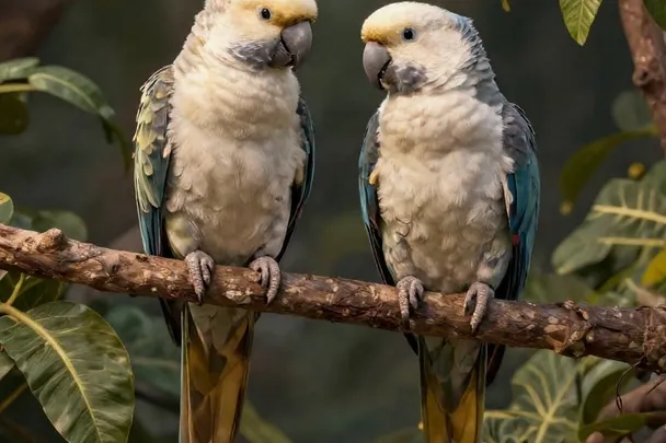 Dos loros descansan sobre una rama entre hojas tropicales