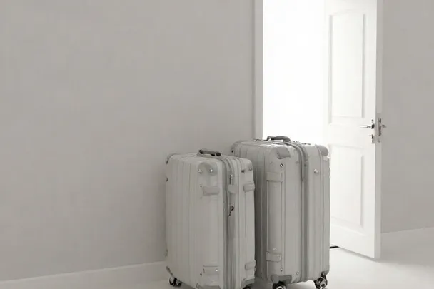Dos maletas cerradas esperan junto a una puerta luminosa