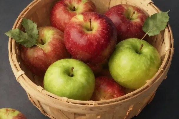 Manzanas rojas y verdes llenan una cesta de madera clara