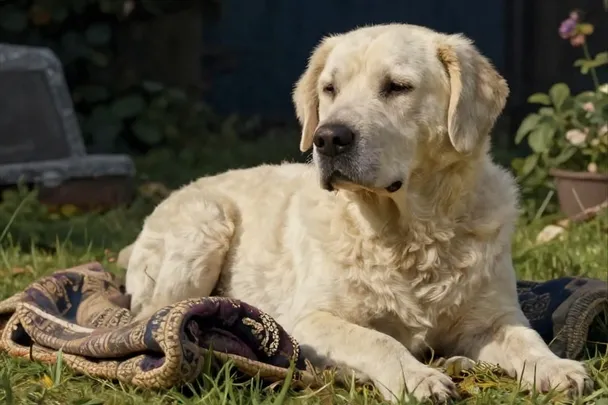 Perro sereno descansa en un jardín soleado junto a una manta familiar