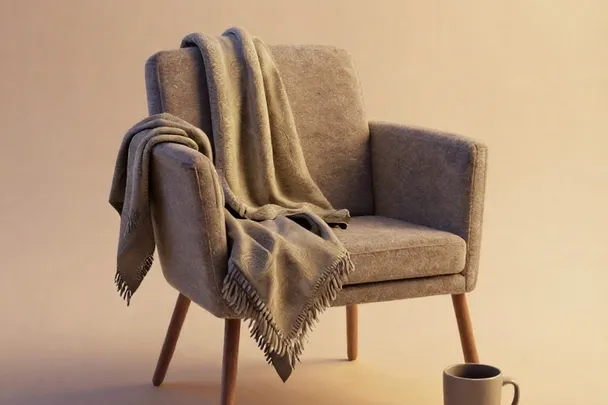 Sillón vacío con chal doblado queda junto a una taza sencilla