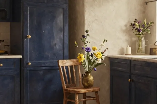 Silla vacía y flores frescas reciben luz cálida en una cocina familiar