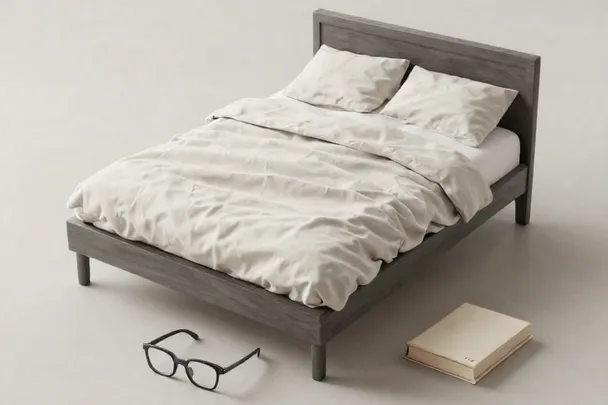 Cama vacía y ordenada queda junto a unas gafas de lectura