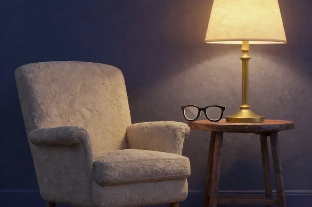 Sillón vacío, gafas y lámpara encendida evocan un recuerdo familiar