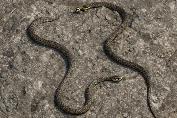 Dos serpientes separadas sobre una roca amplia, con la cabeza y la cola visibles.