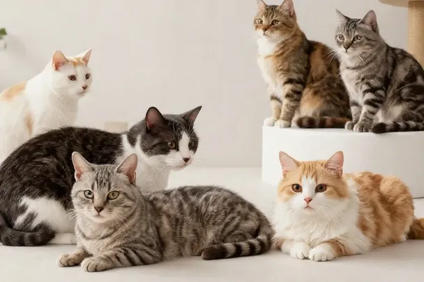 Varios gatos de colores naturales descansan en una sala luminosa