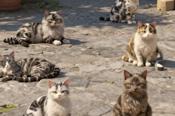 Varios gatos sanos descansan separados en un patio soleado