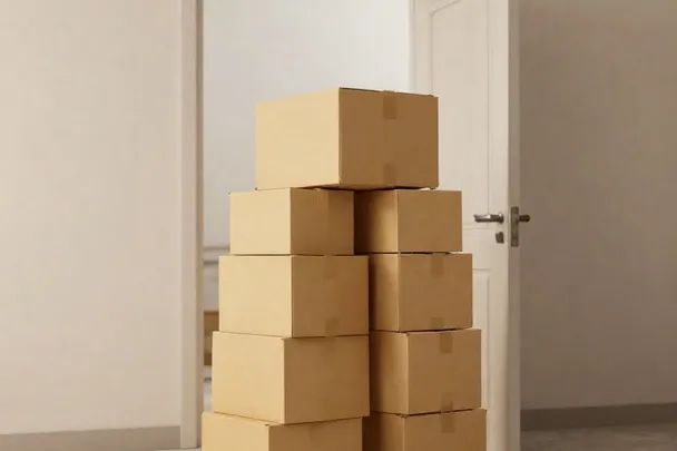Cajas de cartón lisas esperan junto a una puerta abierta