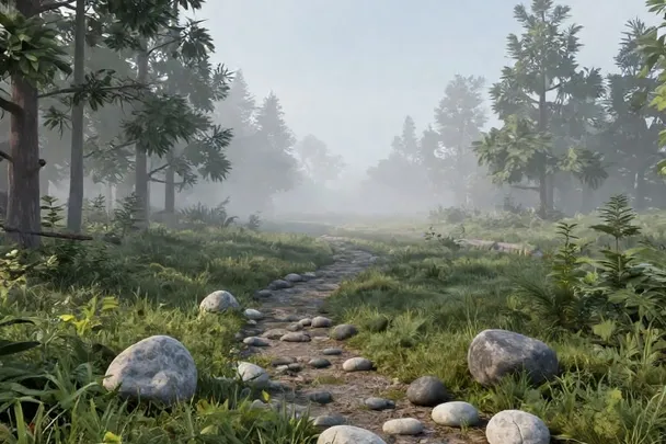 Piedras sin marcas bordean un sendero cubierto de niebla