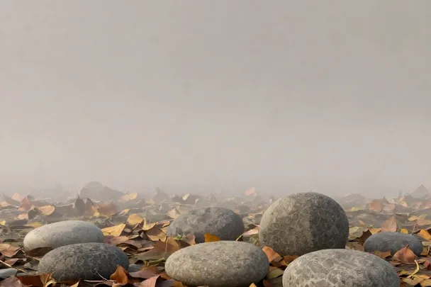 Piedras lisas sin marcas descansan entre hojas caídas