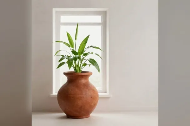 Vasija redondeada sostiene una planta nueva junto a una ventana