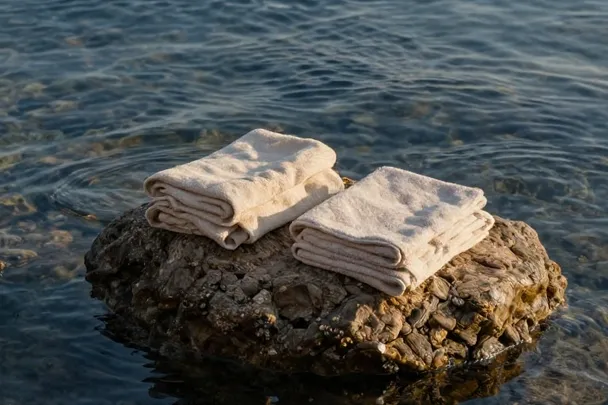 Dos toallas descansan junto a una cala de agua serena
