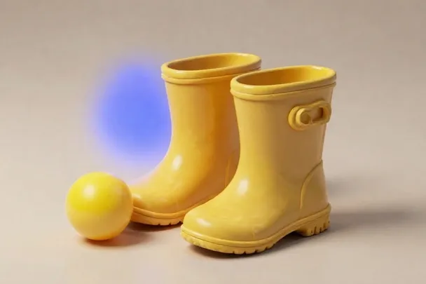 Botas infantiles de lluvia junto a una pelota pequeña.