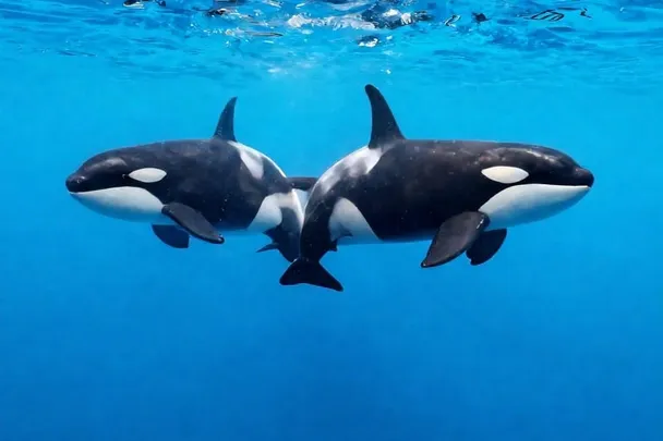 Dos orcas nadan separadas bajo la superficie del mar