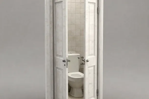 Puerta entreabierta de un baño limpio con el inodoro cerrado.