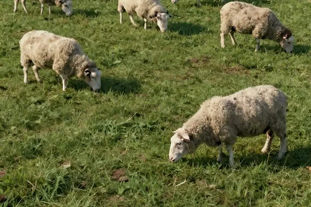 Ovejas sanas pastan separadas en una pradera abierta