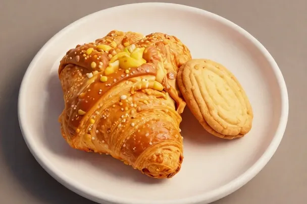 Cruasán y galletas de mantequilla sobre un plato sencillo.