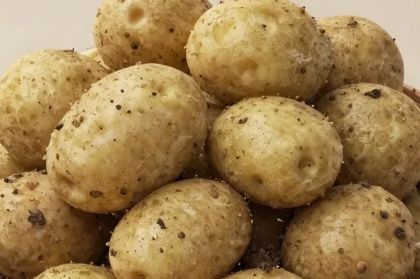 Primer plano de patatas con restos de tierra.