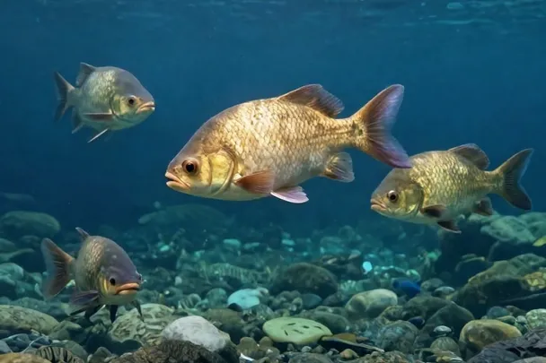 Peces grandes de cuerpo redondeado nadan en agua clara