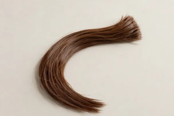 Mechón de cabello castaño descansa sobre una tela clara