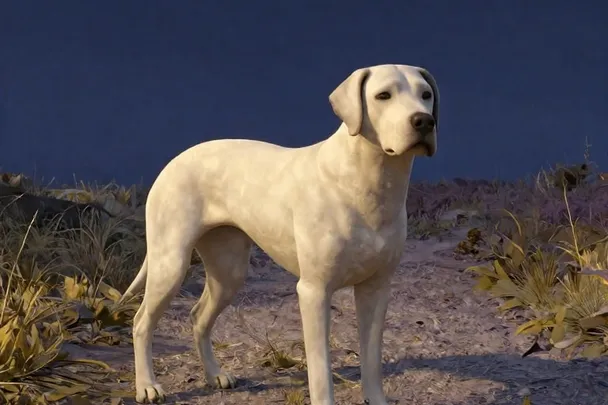 Perro grande y tranquilo permanece junto a un sendero ancho