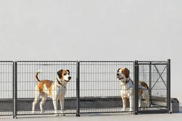 Dos perros alertas permanecen separados detrás de una cerca.