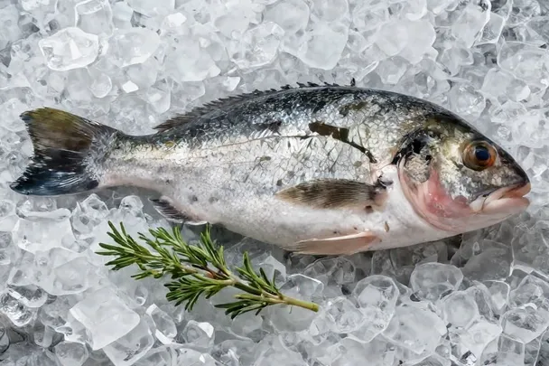 Pescado fresco entero descansa sobre hielo limpio