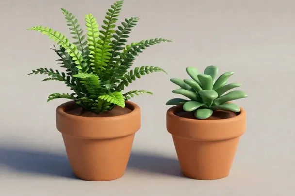 Helecho pequeño y planta de jade en macetas separadas sobre una mesa.