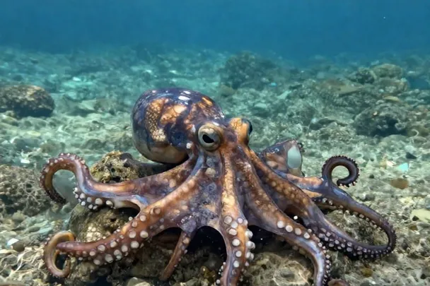 Pulpo común descansa sobre rocas bajo agua clara
