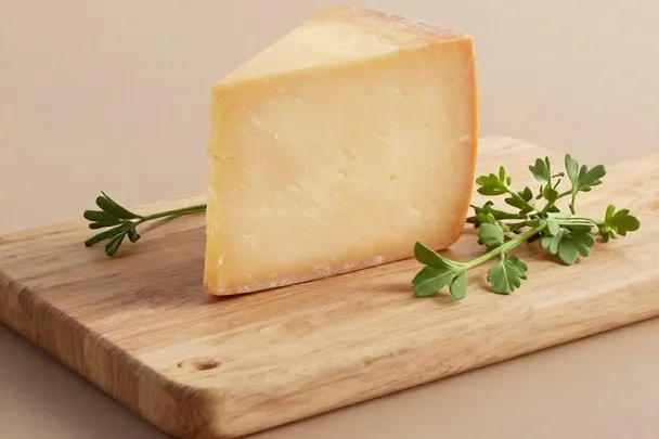 Cuña de queso curado descansa sobre una tabla limpia