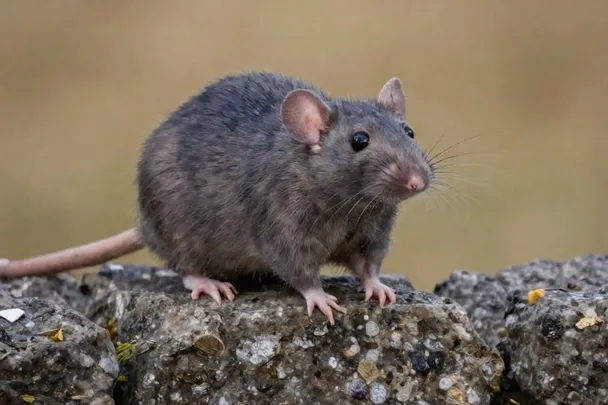 Rata gris sana observa desde un muro de piedra en el campo