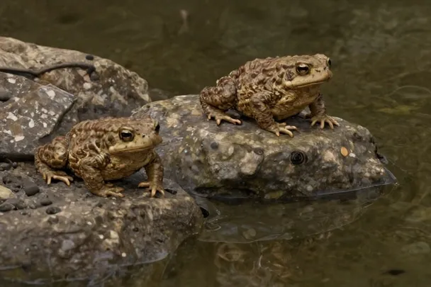 Dos sapos sanos descansan separados sobre piedras húmedas