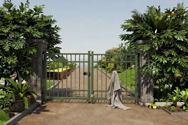 Puerta de jardín abierta y bufanda caída ocupan un sendero vacío