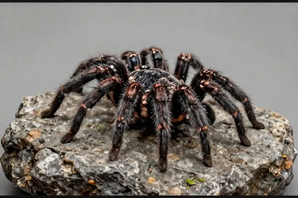 Tarántula sana descansa sobre una roca con todas sus patas visibles