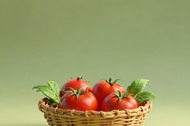 Tomates maduros descansan entre hojas verdes en una cesta