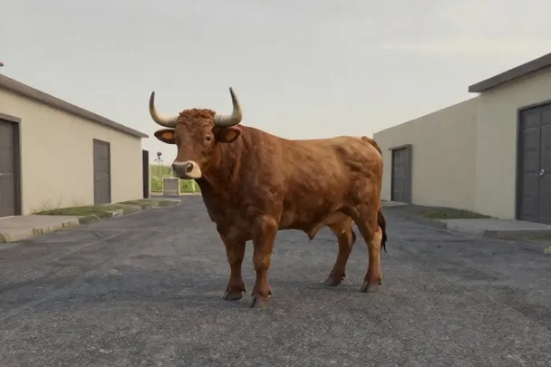 Toro tranquilo permanece en una calle rural amplia y vacía