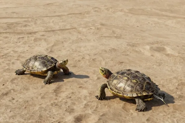 Dos tortugas sobre terreno arenoso.