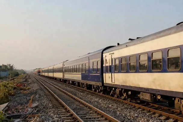 Tren sin marcas avanza por vías que cruzan un paisaje abierto
