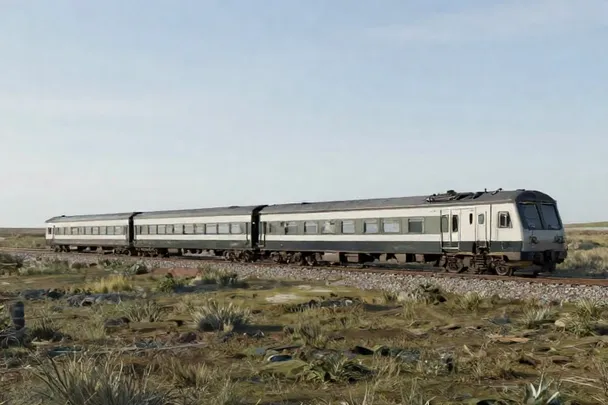 Vías paralelas conducen hacia trenes lejanos en un paisaje abierto