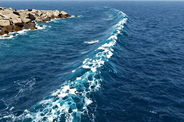 Enorme pared de agua oceánica avanzando hacia una costa rocosa vacía.