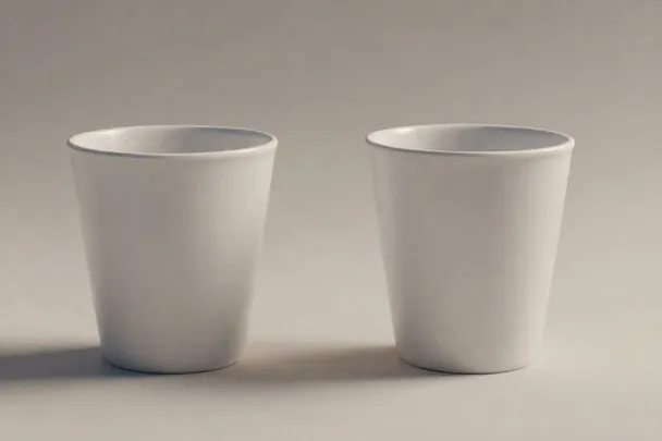 Dos tazas vacías permanecen separadas sobre una mesa tranquila