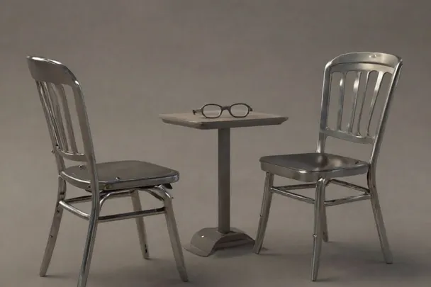 Dos sillas vacías permanecen frente a frente junto a unas gafas