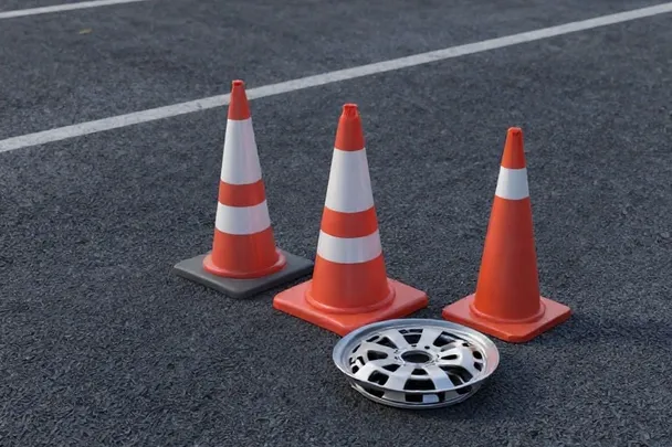 Conos lisos y un tapacubos descansan junto a una carretera vacía