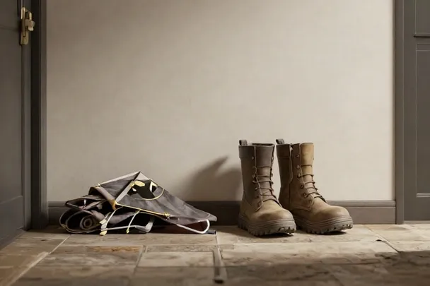 Pequeñas botas lisas esperan junto a una cometa plegada