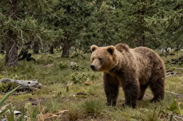 Oso pardo tranquilo cruza un claro de bosque a distancia