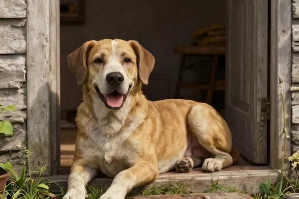 Perro de gesto amable descansa junto a una puerta abierta