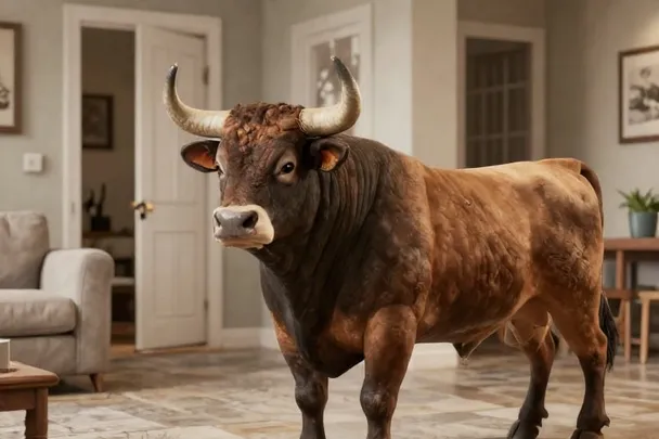 Toro adulto tranquilo permanece al fondo de un pasillo doméstico