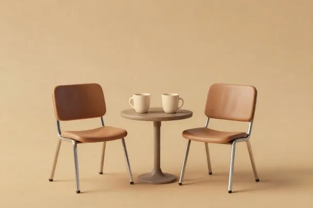 Dos tazas lisas esperan junto a dos sillas vacías
